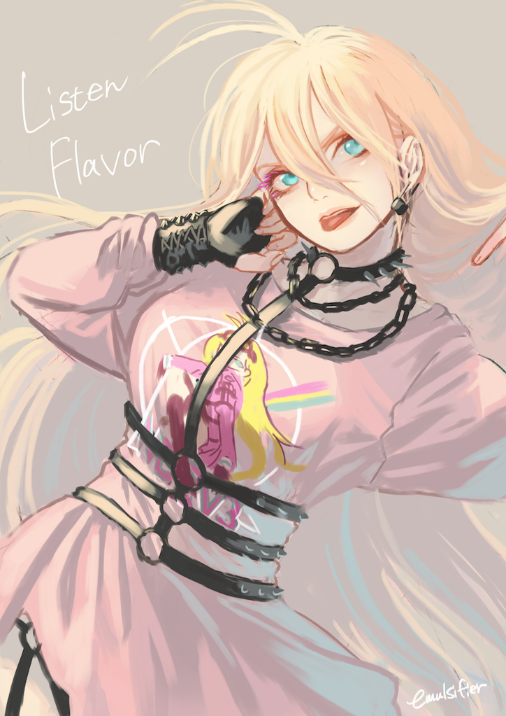 1girl, alternate_costume, antenna_hair, bangs, black_gloves, blonde_hair, blue_eyes, chain