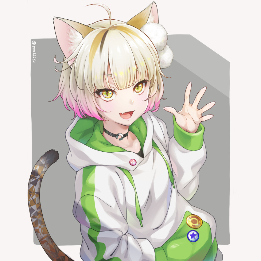 1girl, :d, ahoge, animal_ears, blonde_hair, buttons, cat_ears, cat_tail
