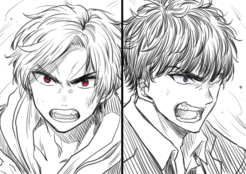 2boys, blue_eyes, collared_shirt, formal, fuwa_isamu, hiden_aruto, hood, hoodie