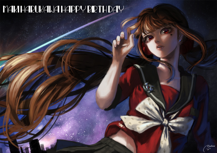 1girl, bangs, bow, brown_hair, character_name, collarbone, commentary_request, dangan_ronpa_(series)