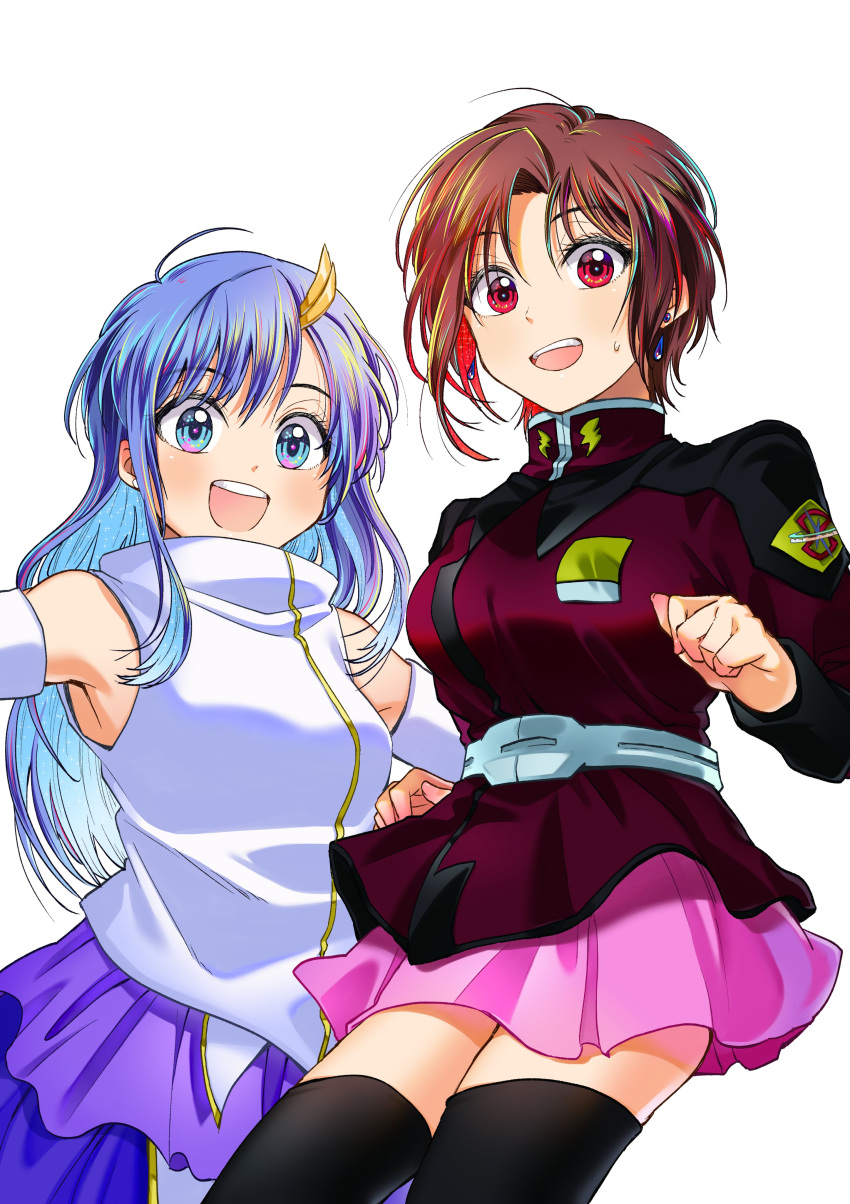 2girls, absurdres, armpit_peek, bangs, blue_eyes, blue_hair, breasts, brown_hair
