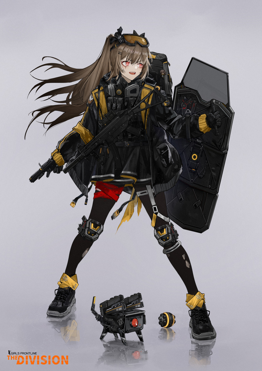 1girl, brown_hair, dinergate_(girls_frontline), girls_frontline, gun, h&amp;k_ump9, handgun, highres, long_hair, red_eyes, riot_shield, scar, scar_across_eye, tom_clancy's_the_division, ump9_(girls_frontline), very_long_hair, weapon, yuuki_mix