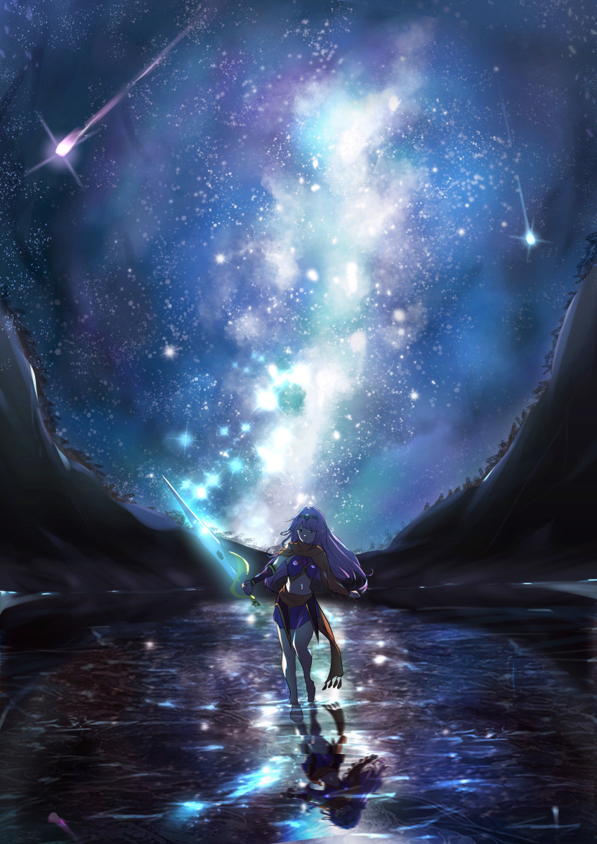 1girl, absurdres, bare_legs, breasts, duel_monster, galaxy, glint, green_eyes