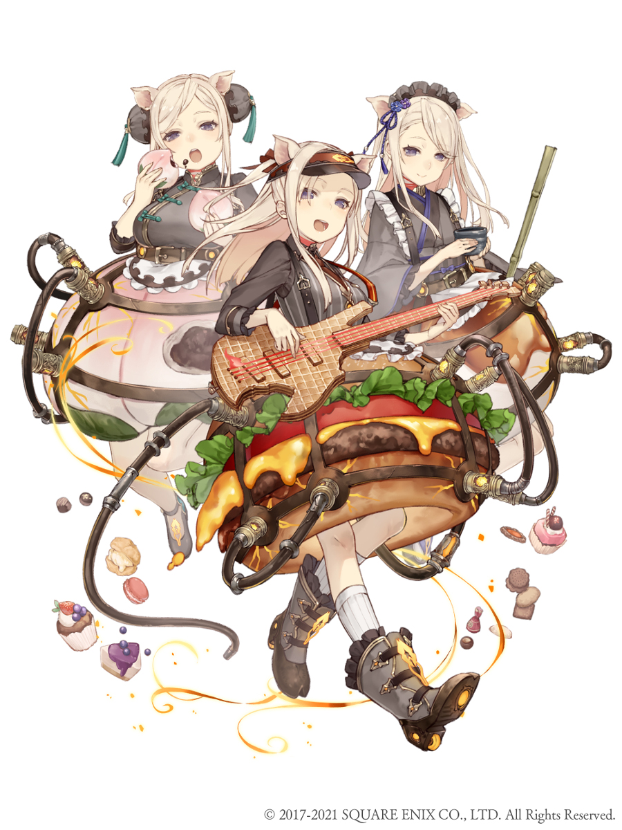 3girls, :d, animal_ears, apron, blonde_hair, boots, breasts, chinese_clothes