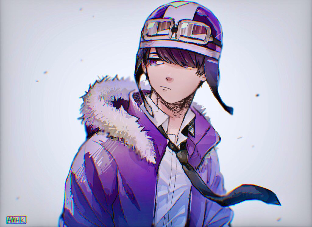 1boy, amahiki, artist_name, aviator_cap, bangs, black_neckwear, brown_hair, chromatic_aberration