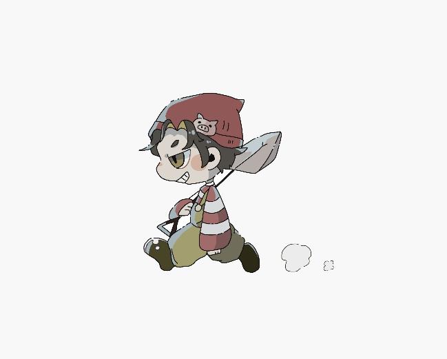 1boy, aliasing, bangs, beanie, brown_footwear, brown_hair, commentary, from_side