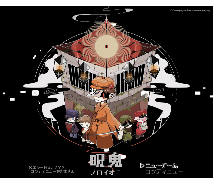 1boy, absurdres, barred_window, black_background, brown_hair, building, cabbie_hat, character_request
