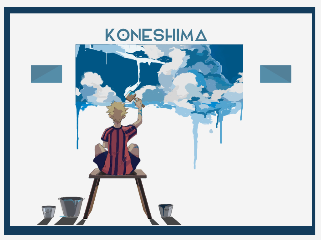 1boy, arm_up, black_shorts, blonde_hair, blue_border, border, bucket, character_name