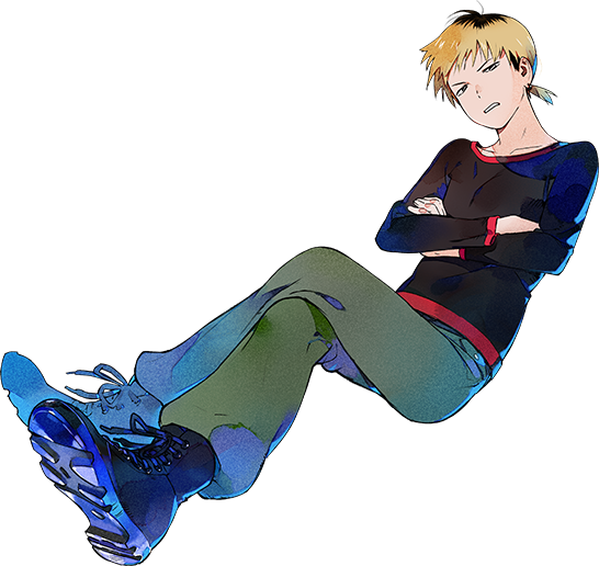 1boy, airborne, black_footwear, black_shirt, blonde_hair, blue_footwear, boots, brown_hair
