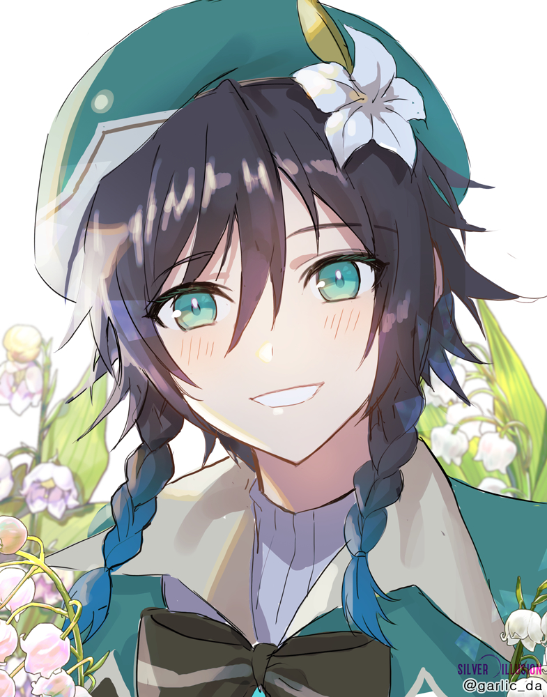 1boy, androgynous, bangs, black_hair, blue_hair, blush, bow, braid