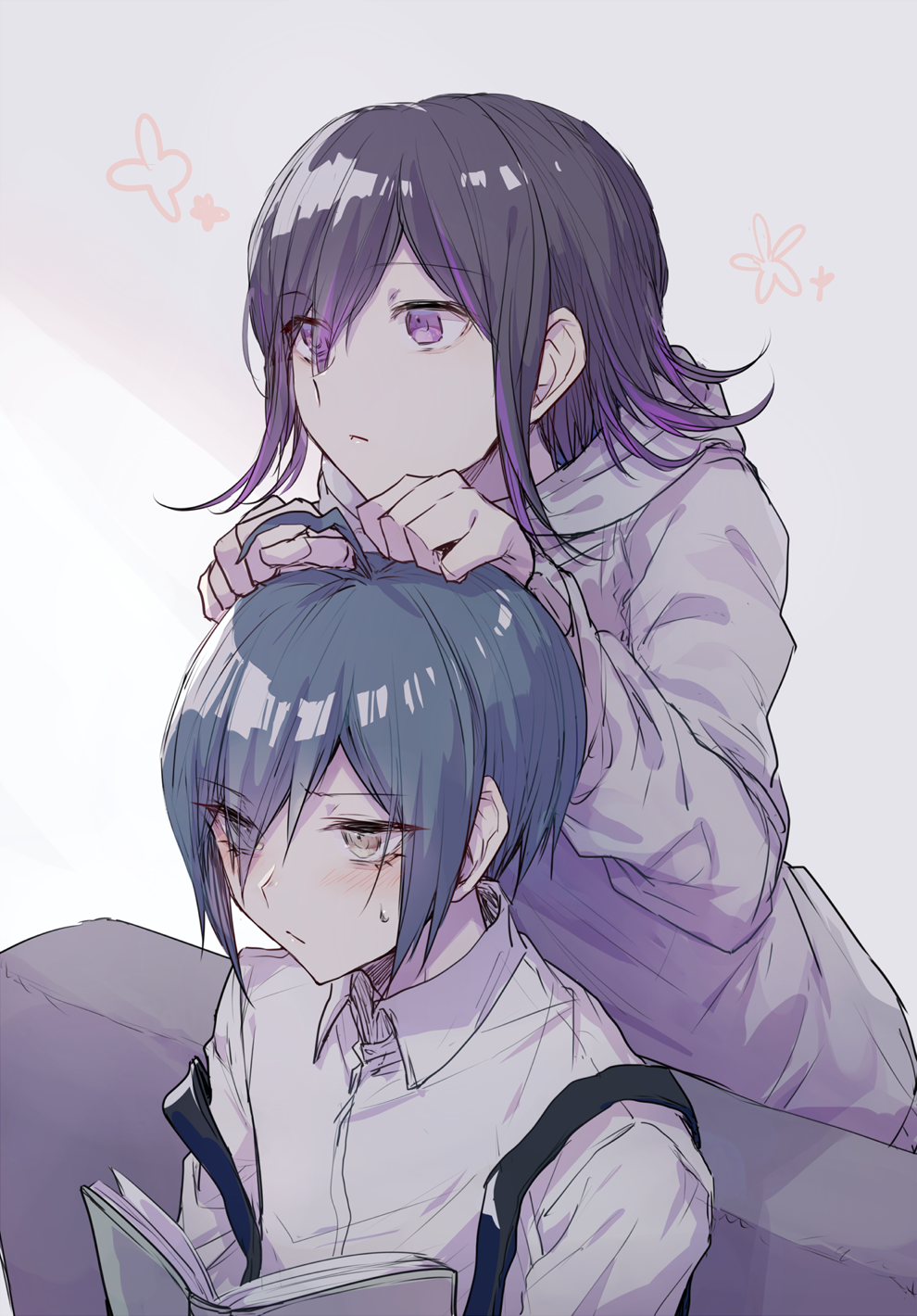 2boys, alternate_costume, alternate_hair_color, bangs, black_hair, blush, book, closed_mouth