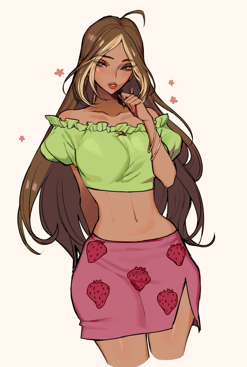 1girl, absurdres, ahoge, blonde_hair, breasts, brown_hair, cropped_legs, dark_skin