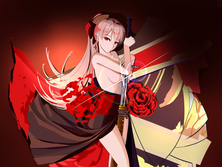 1girl, absurdres, artist_request, azur_lane, backless_kimono, backless_outfit, breasts, earrings