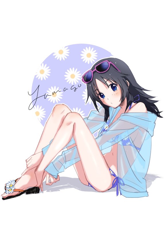 1girl, bangs, bikini, black_footwear, black_hair, blue_bikini, blue_eyes, breasts