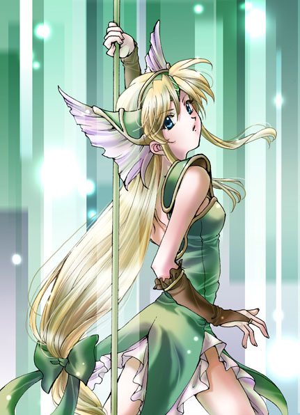 blue_eyes, bow, gloves, liese, long_hair, polearm, riesz, seiken_densetsu