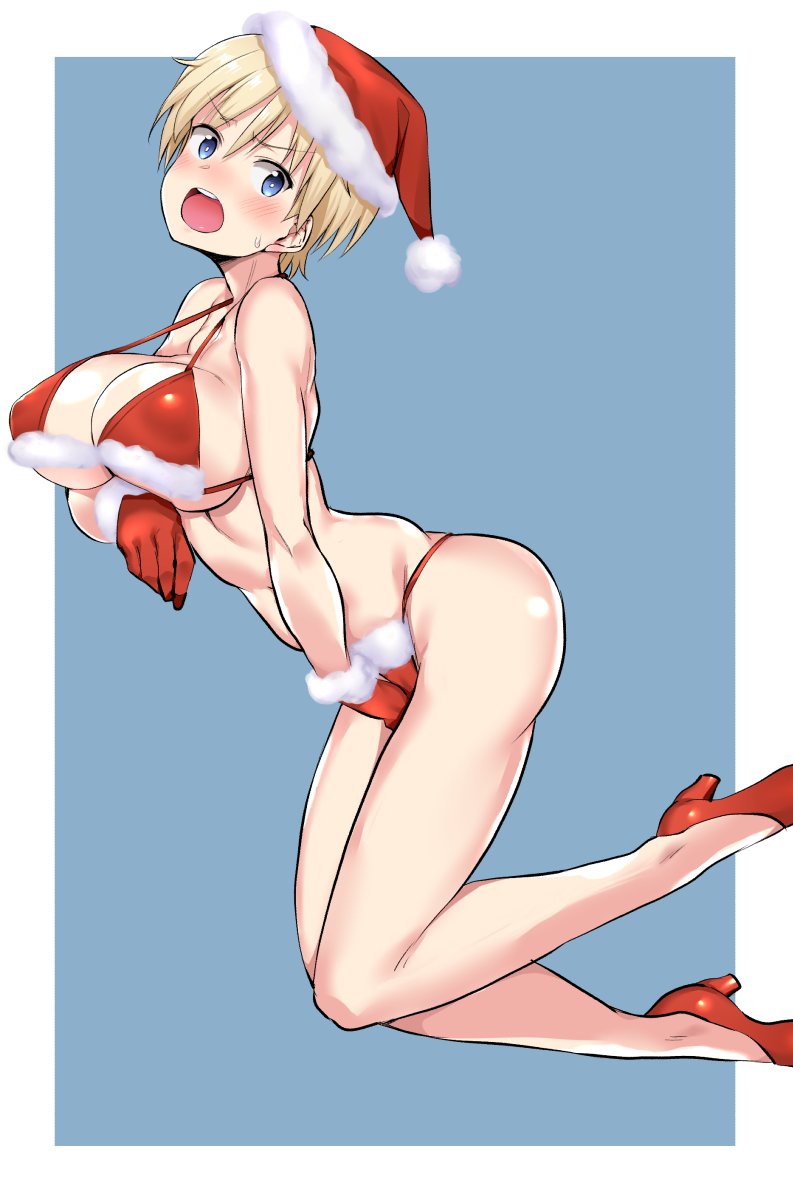 1girl, bangs, between_legs, bikini, blonde_hair, blue_background, blue_eyes, blush
