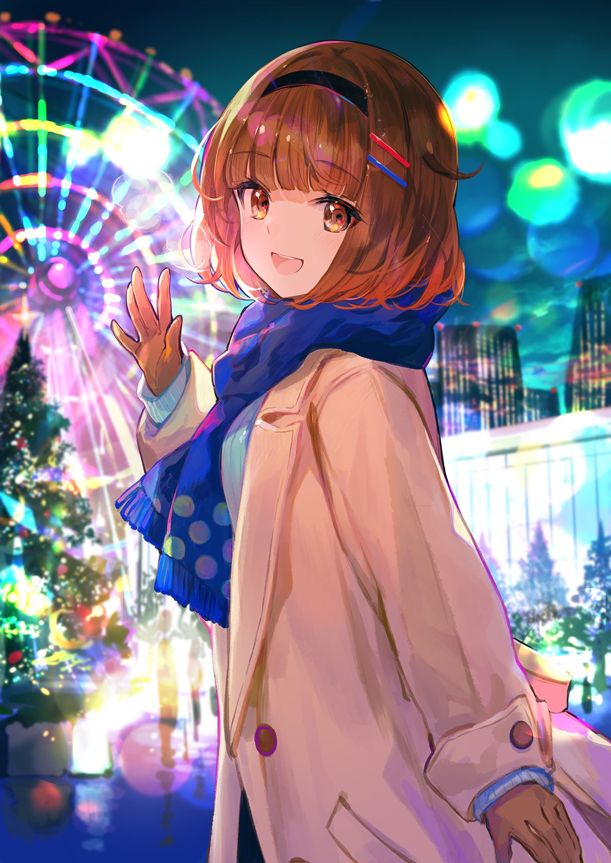 1girl, bangs, black_hairband, black_sky, blue_scarf, blurry, blurry_background, bob_cut