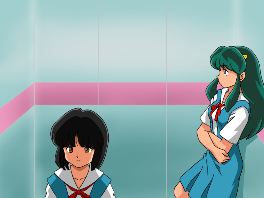 2girls, blue_eyes, brown_eyes, brown_hair, crossed_arms, elevator, green_hair, horns, looking_away, lum, miyake_shinobu, moechiki, multiple_girls, neon_genesis_evangelion, oni, parody, red_ribbon, ribbon, scene_reference, school_uniform, urusei_yatsura