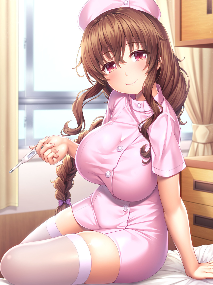 1girl, bangs, bed, bed_sheet, bow, braid, breasts, brown_hair