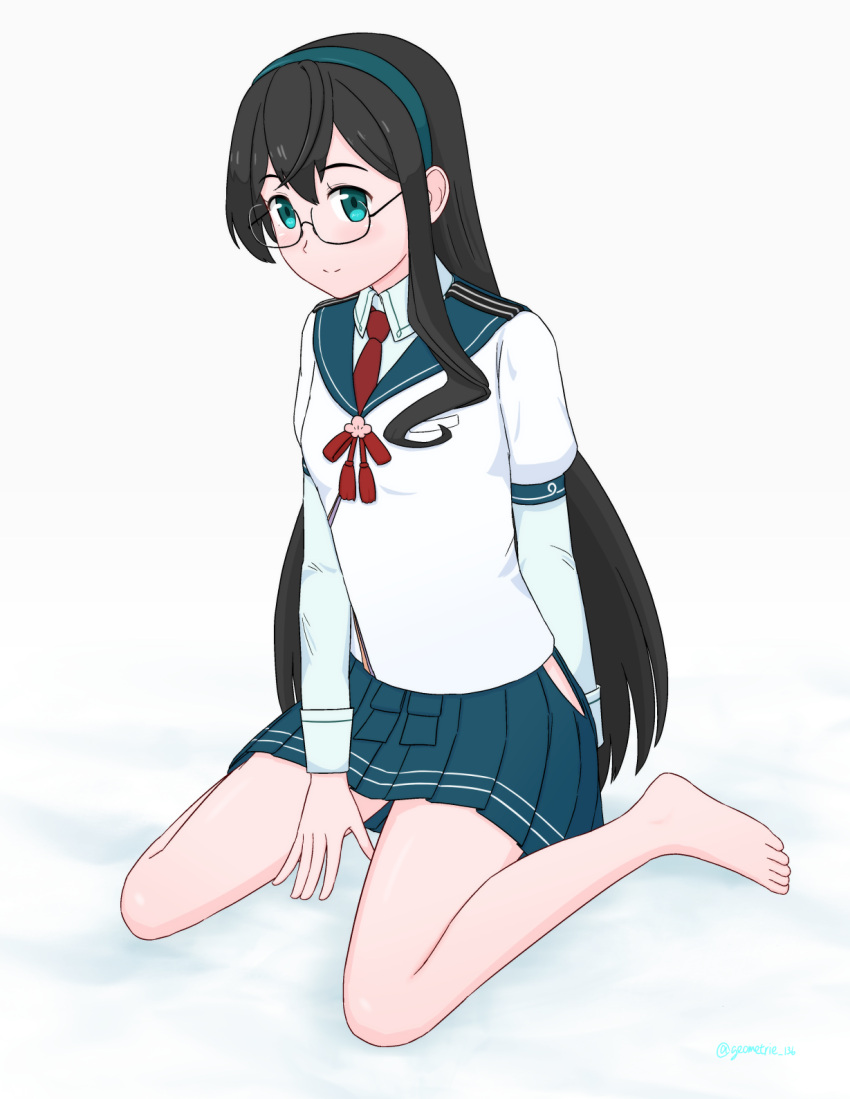 1girl, aqua_eyes, barefoot, black_hair, blush, collared_shirt, full_body, geometrie