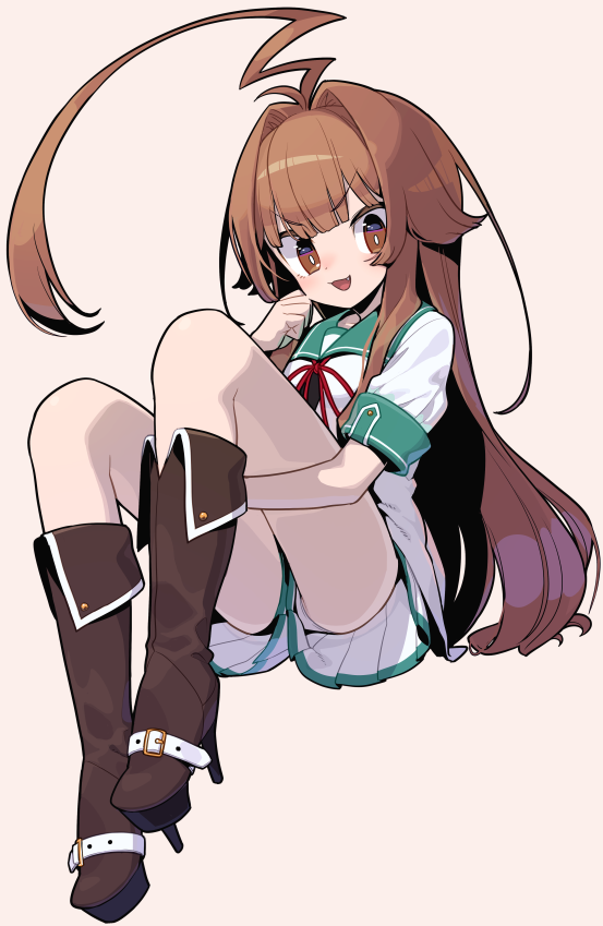 1girl, ahoge, bangs, boots, brown_background, brown_eyes, brown_footwear, brown_hair, eyebrows_visible_through_hair, fang, high_heel_boots, high_heels, huge_ahoge, kantai_collection, knee_boots, kuma_(kantai_collection), long_hair, monaka_ooji, open_mouth, pleated_skirt, remodel_(kantai_collection), sailor_collar, school_uniform, serafuku, short_sleeves, simple_background, sitting, skirt, solo, white_skirt
