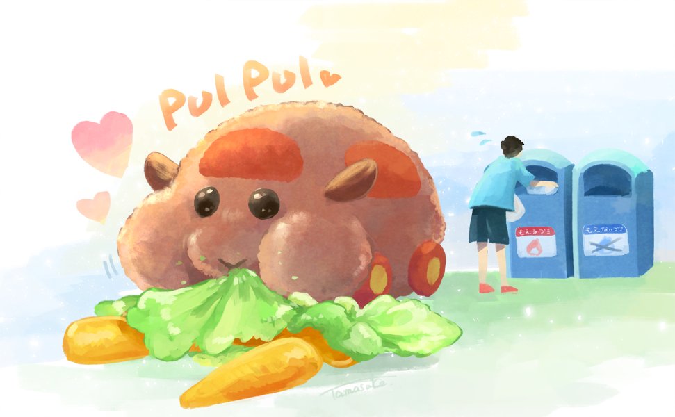 1boy, animal_focus, black_eyes, carrot, eating, flying_sweatdrops, food, food_on_face