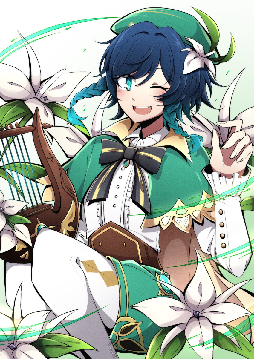1boy, ;d, aqua_hair, bangs, black_hair, bow, bowtie, braid, cape, collared_cape, dreamerrii, flower, foot_out_of_frame, genshin_impact, gradient_hair, green_cape, green_eyes, green_headwear, green_shorts, hat, hat_flower, highres, leaf, long_sleeves, lyre, male_focus, multicolored_hair, one_eye_closed, open_mouth, pantyhose, shirt, shorts, sitting, smile, twin_braids, venti_(genshin_impact), white_flower, white_legwear