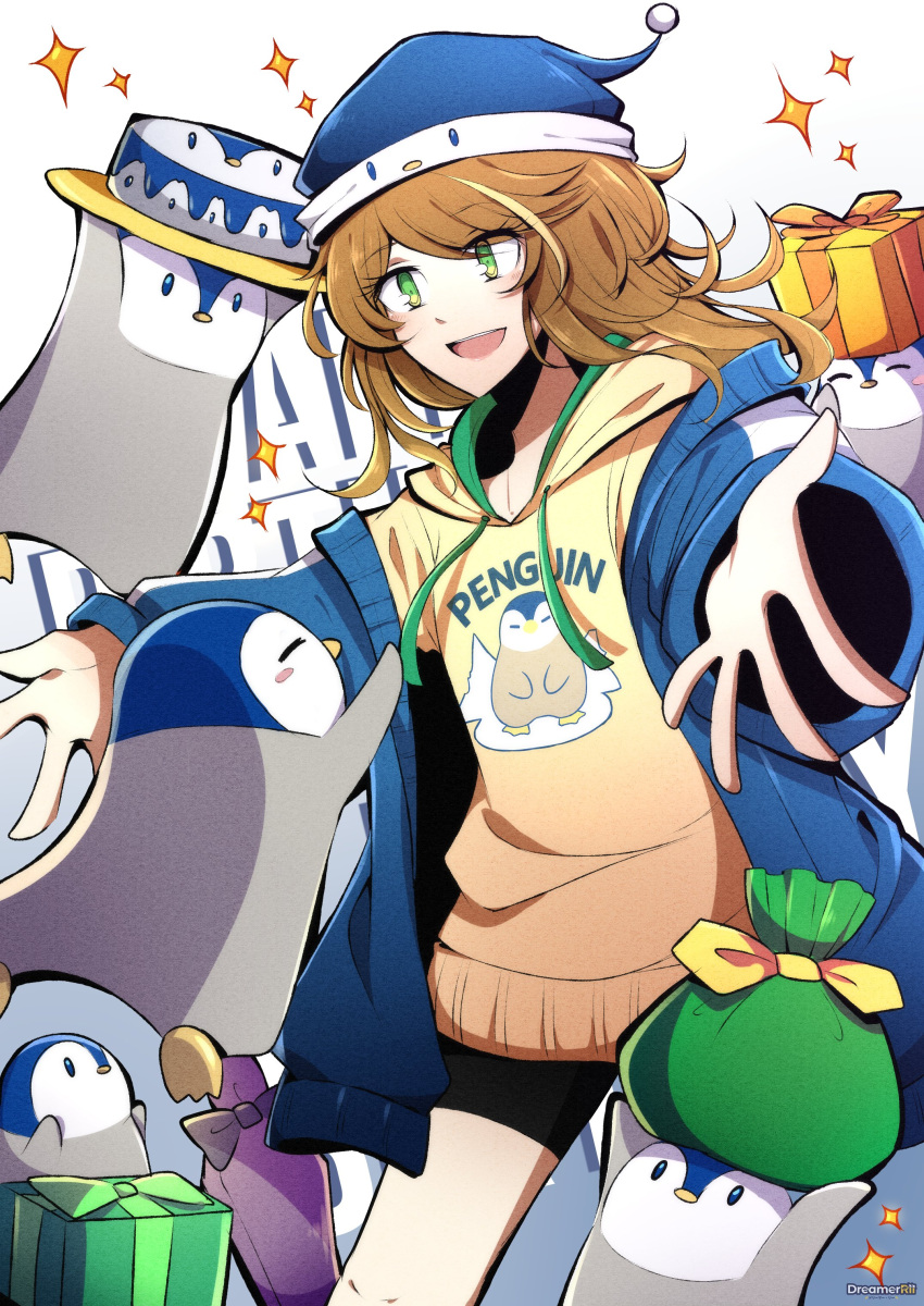 1girl, absurdres, amicia_michella, bag, bird, blue_jacket, box, brown_hair, cake, dreamerrii, eyebrows_visible_through_hair, food, gift, gradient, gradient_background, green_eyes, hat, highres, hood, hoodie, jacket, medium_hair, multiple_others, nijisanji, nijisanji_id, off-shoulder_jacket, open_mouth, outstretched_arms, penguin, penguin_hat, shorts, smile, sparkle, virtual_youtuber, yellow_hoodie