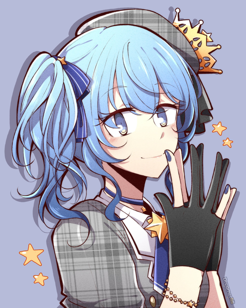1girl, absurdres, bangs, beret, black_gloves, blue_bow, blue_eyes, blue_hair, bow, choker, dreamerrii, dress, eyebrows_visible_through_hair, gloves, grey_dress, hair_bow, hands_together, hat, highres, hololive, hoshimachi_suisei, looking_at_viewer, nail_polish, partially_fingerless_gloves, plaid, plaid_dress, plaid_headwear, purple_background, side_ponytail, simple_background, smile, solo, star_(symbol), virtual_youtuber