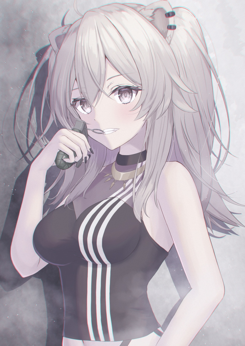 1girl, ahoge, animal_ears, bangs, bare_arms, bare_shoulders, breasts, ear_piercing