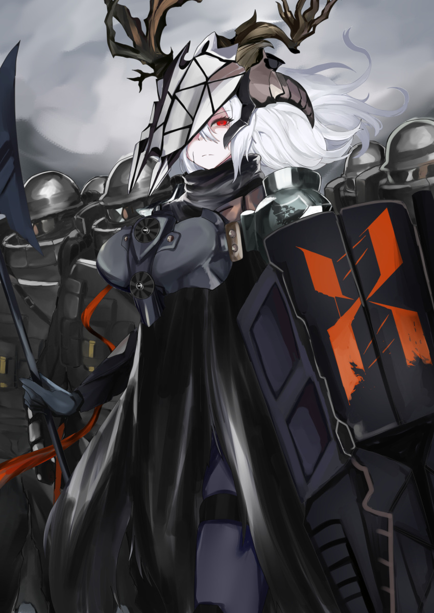 1girl, 6+others, arknights, armor, deer_antlers, genderswap, genderswap_(mtf), helmet
