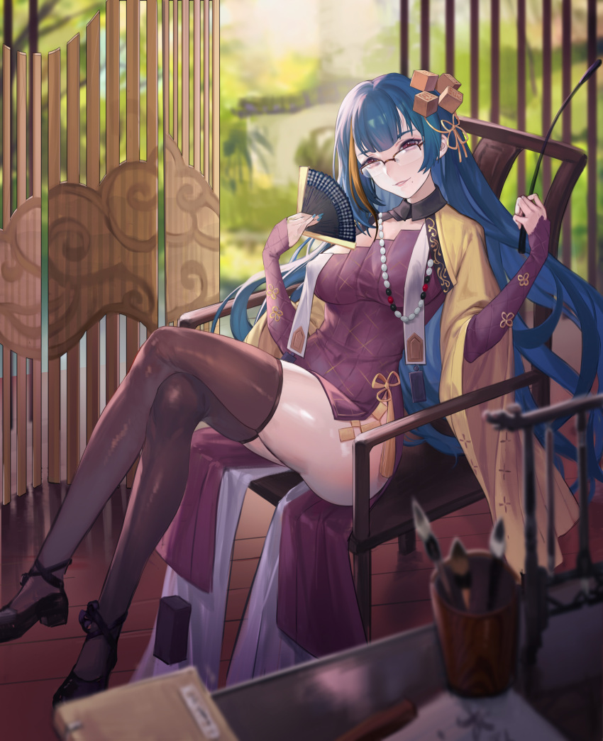 1girl, absurdres, bangs, bead_necklace, beads, black_footwear, blonde_hair, blue_hair, blue_nails, blurry, brown_legwear, chair, character_request, china_dress, chinese_clothes, covered_navel, crossed_legs, cup, day, depth_of_field, dress, fan, fengyin_shici_guozi, folding_fan, hair_ornament, highres, holding, holding_fan, indoors, jewelry, legs, long_hair, long_sleeves, looking_at_viewer, masterwork_apocalypse, mole, mole_under_mouth, multicolored_hair, naughty_face, necklace, paintbrush, parted_lips, purple_dress, riding_crop, shoes, side_slit, sitting, sleeves_past_wrists, solo, streaked_hair, thigh-highs, thighs, very_long_hair, violet_eyes
