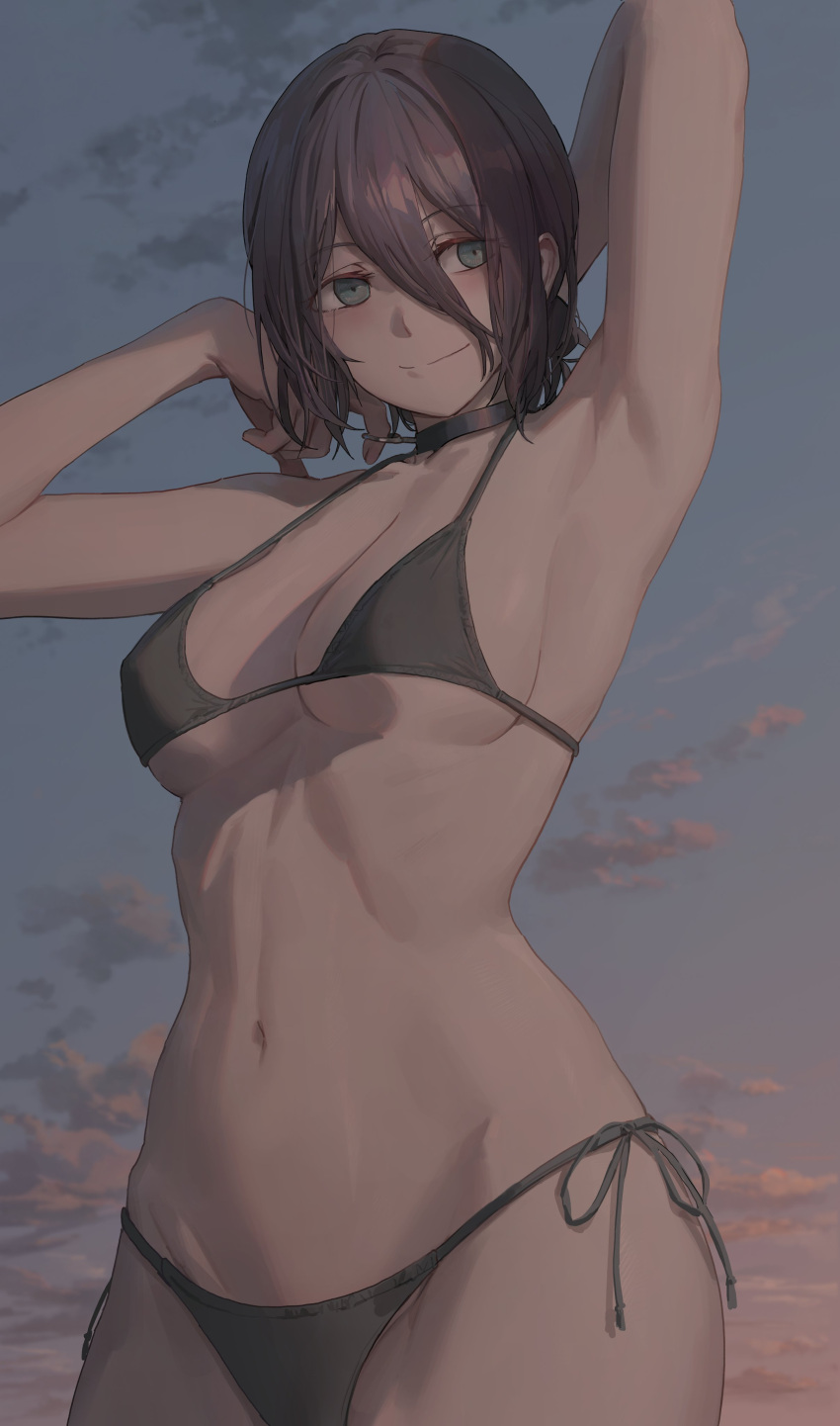 1girl, absurdres, arm_behind_head, armpits, arms_up, bikini, black_bikini, blue_sky