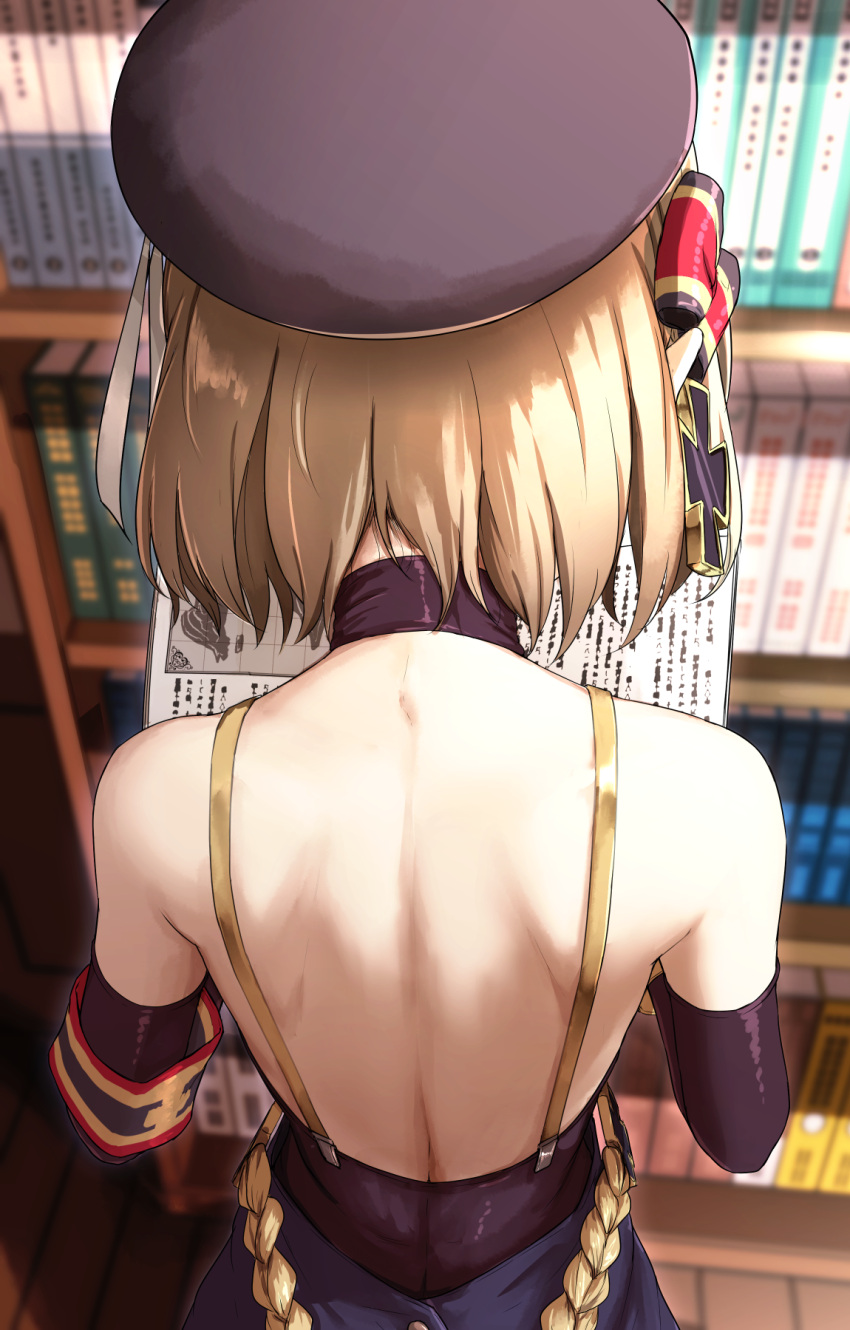 1girl, aoi_tiduru, armband, azur_lane, back, bare_shoulders, beret, black_gloves, blonde_hair, book, bookshelf, elbow_gloves, from_behind, gloves, hair_ribbon, hat, highres, open_book, ribbon, short_hair, solo, suspenders, z23_(azur_lane)