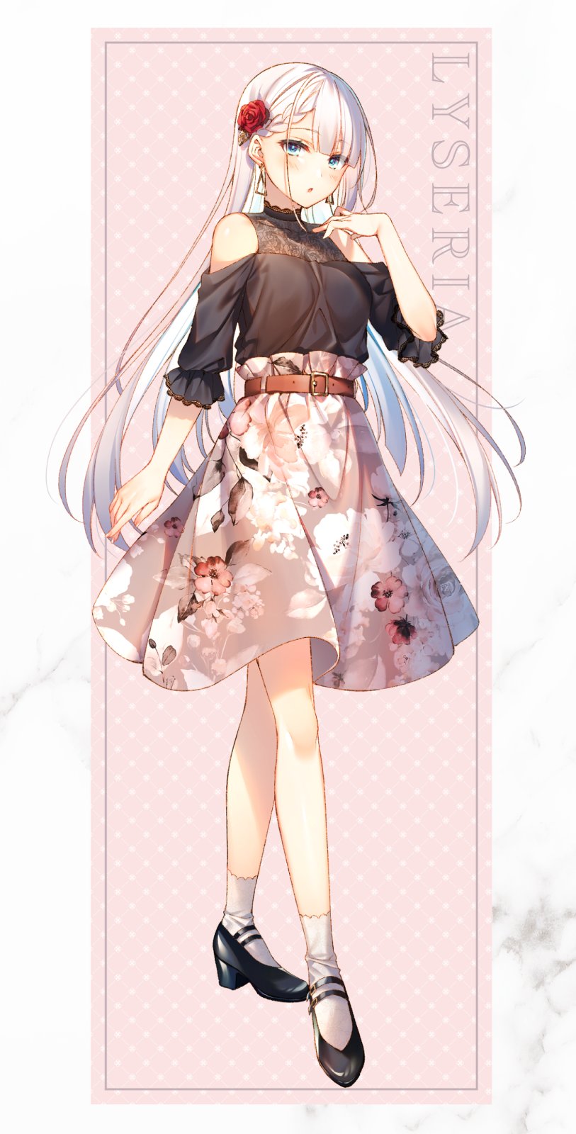 1girl, belt, black_footwear, black_shirt, blue_eyes, blush, border, braid