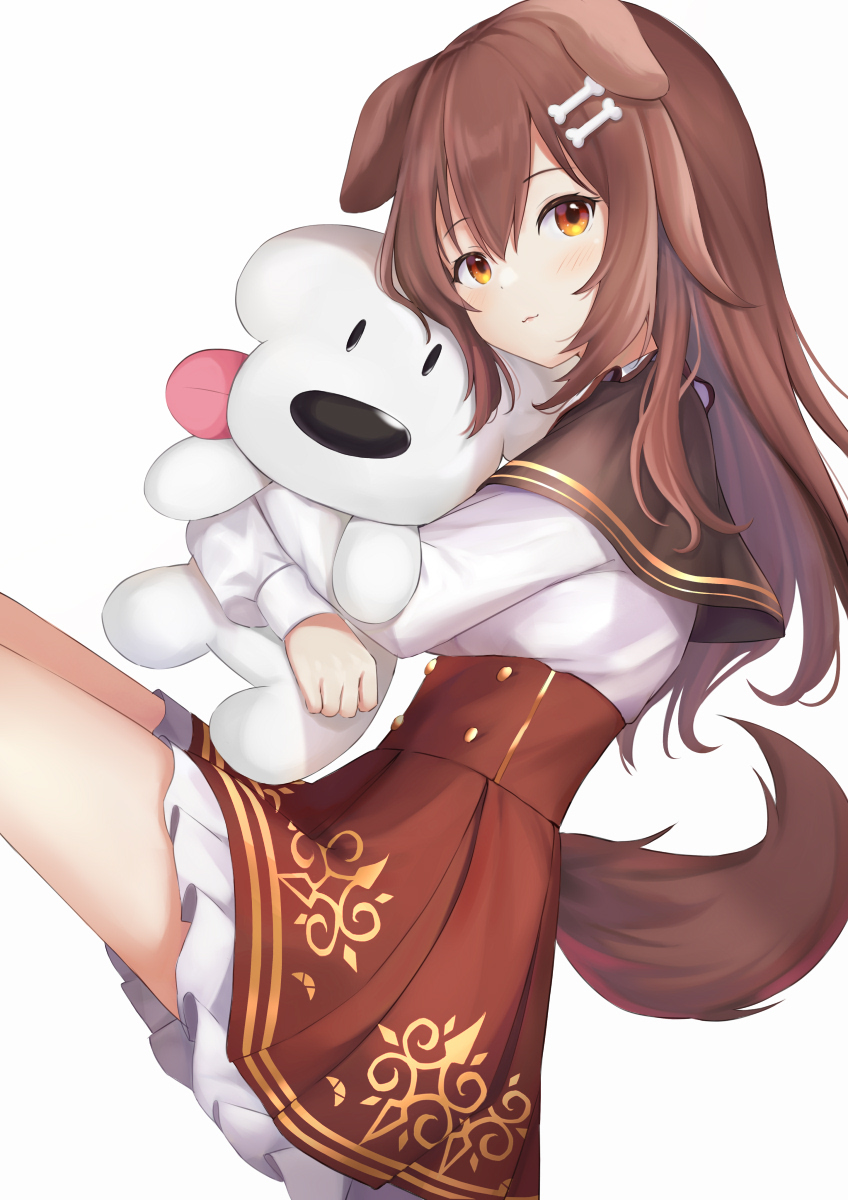 1girl, :3, animal_ears, bone_hair_ornament, brown_eyes, brown_hair, closed_mouth, cowboy_shot