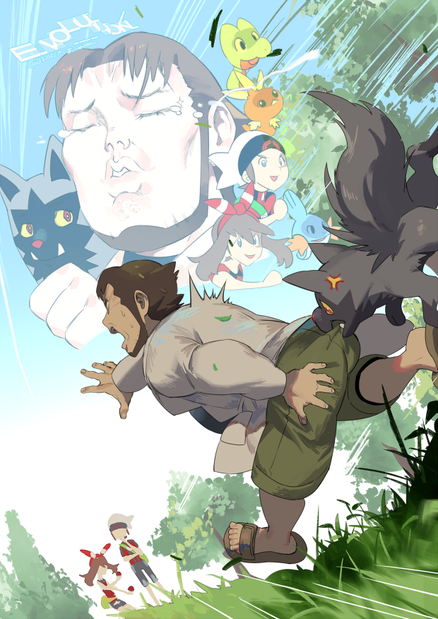 1girl, 2boys, anger_vein, birch_(pokemon), bow_hairband, brendan_(pokemon), brown_hair, closed_eyes