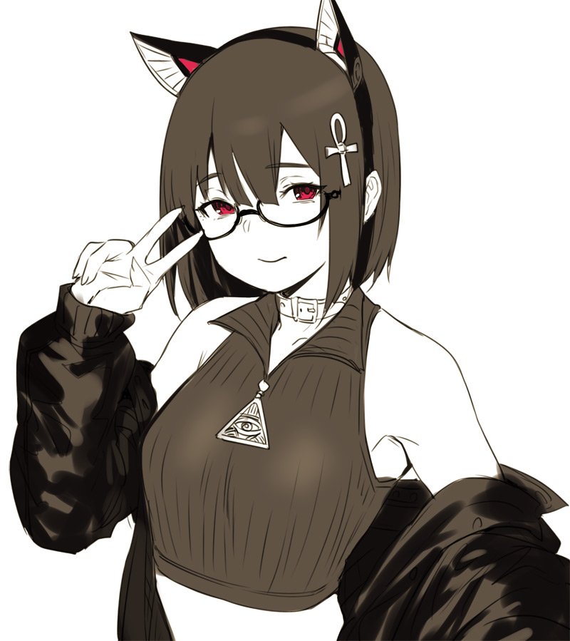 1girl, animal_ear_headwear, animal_ears, ankh_hair_ornament, bare_shoulders, belt_collar, bob_cut, breasts, brown_theme, cat_ears, closed_mouth, collar, hairband, houtengeki, jacket, looking_at_viewer, medium_breasts, off_shoulder, open_clothes, open_jacket, original, red_eyes, smile, solo, spot_color, symbol_commentary, v, white_background