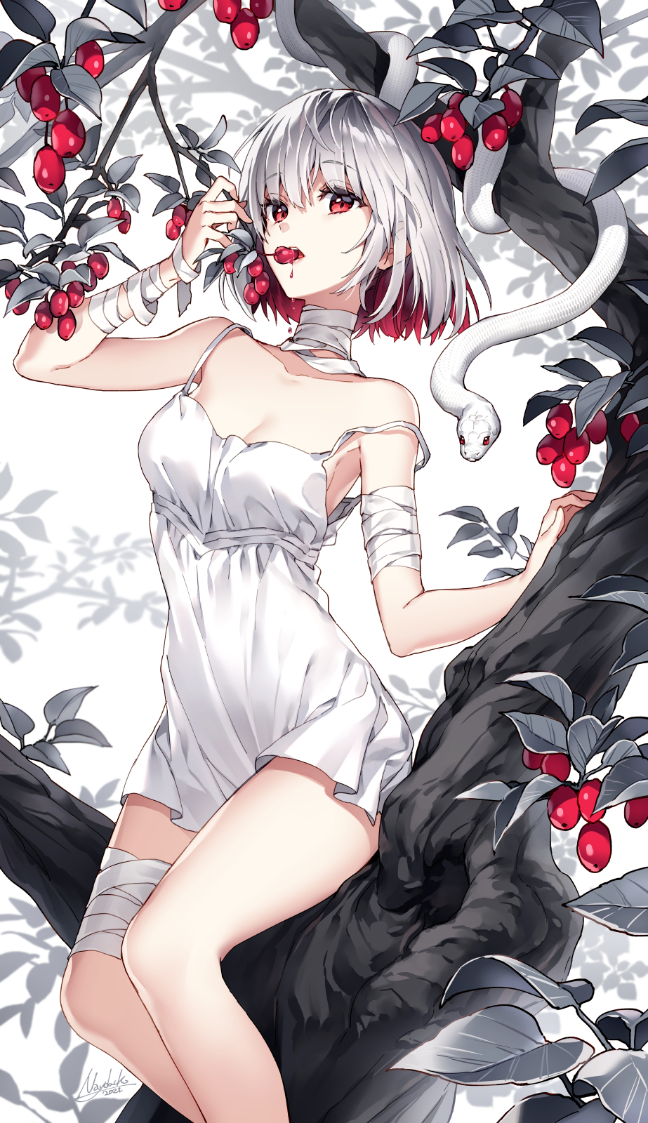 1girl, animal, arm_up, bandaged_arm, bandaged_leg, bandaged_neck, bandages, berry