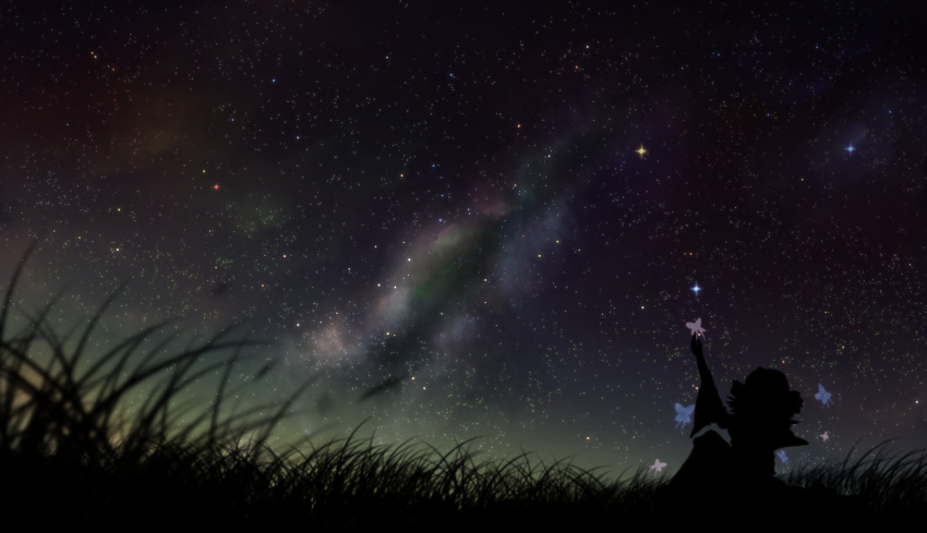 1girl, bug, butterfly, field, galaxy, gensoukyou, grass, grasslands