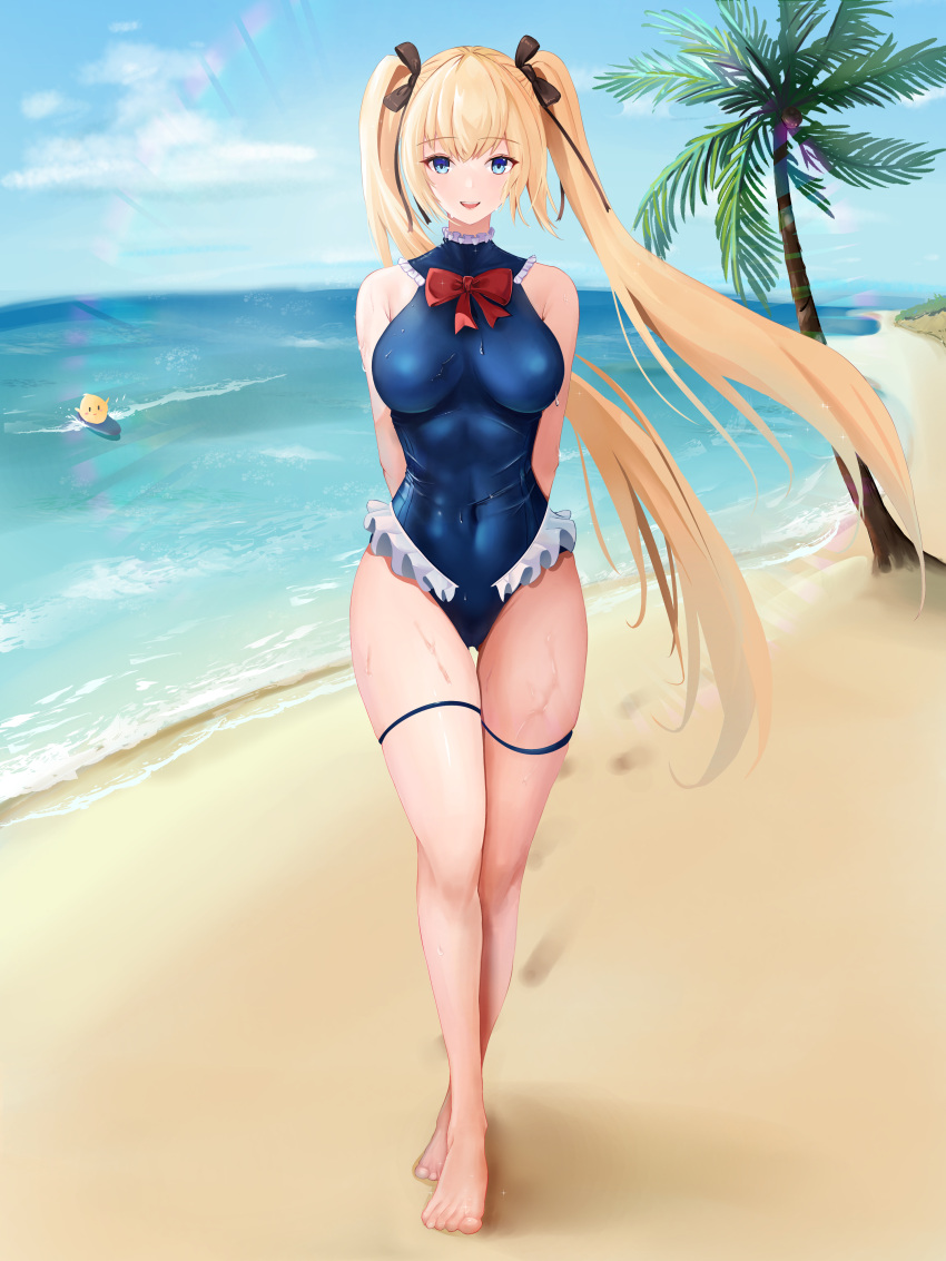 1girl, absurdres, azur_lane, barefoot, beach, black_ribbon, blonde_hair, blue_eyes, breasts, dead_or_alive, dintea, eyebrows_visible_through_hair, frills, full_body, hair_ribbon, highleg, highleg_leotard, highres, leotard, long_hair, looking_at_viewer, manjuu_(azur_lane), marie_rose, palm_tree, red_ribbon, ribbon, smile, thighs, tree, twintails