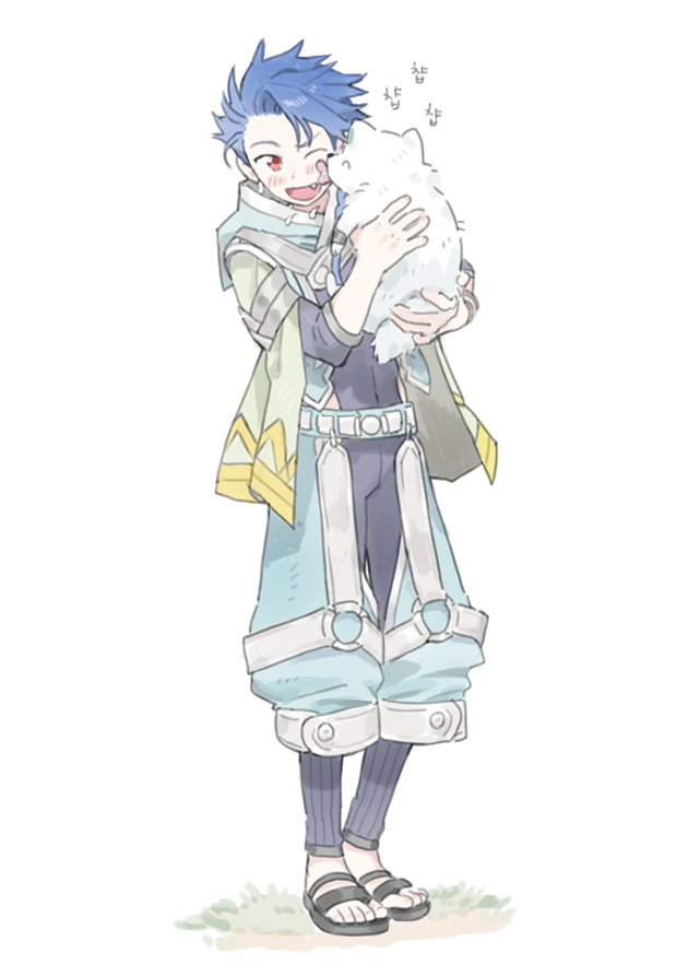 1boy, animal, blue_hair, braid, cczyjs, cu_chulainn_(fate)_(all), dog, face_licking