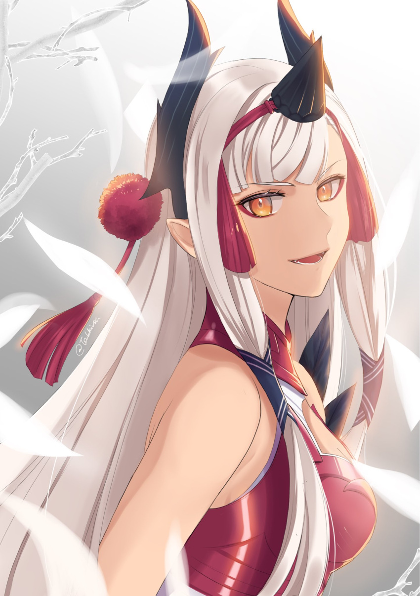 1girl, fate/grand_order, fate_(series), feathers, from_side, highres, kiichi_hougen_(fate), long_hair, looking_at_viewer, orange_eyes, pointy_ears, smile, tsukky, twitter_username, white_hair