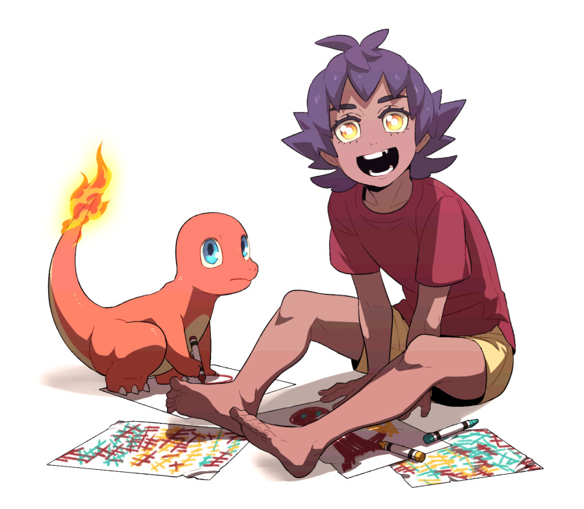 1boy, bangs, barefoot, charmander, child_drawing, commentary_request, dark_skin, dark_skinned_male