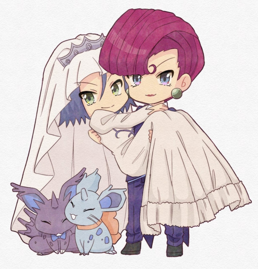 1boy, 1girl, bridal_veil, carrying, crossdressinging, dress, gen_1_pokemon, highres, hutao_poke, james_(pokemon), jessie_(pokemon), nidoran, nidoran_(female), nidoran_(male), pokemon, pokemon_(anime), team_rocket, veil, wedding, wedding_dress