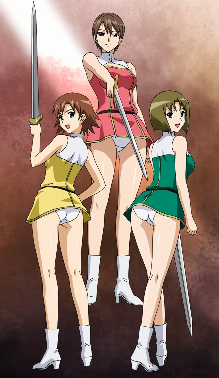 3girls, aika_(series), aika_zero, ass, black_eyes, blonde_hair, boots, breasts