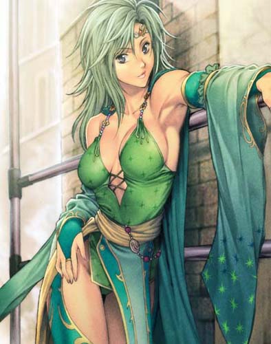 breasts, bridal_gauntlets, cape, final_fantasy, final_fantasy_iv, green_hair, grey_eyes, homare_(artist)