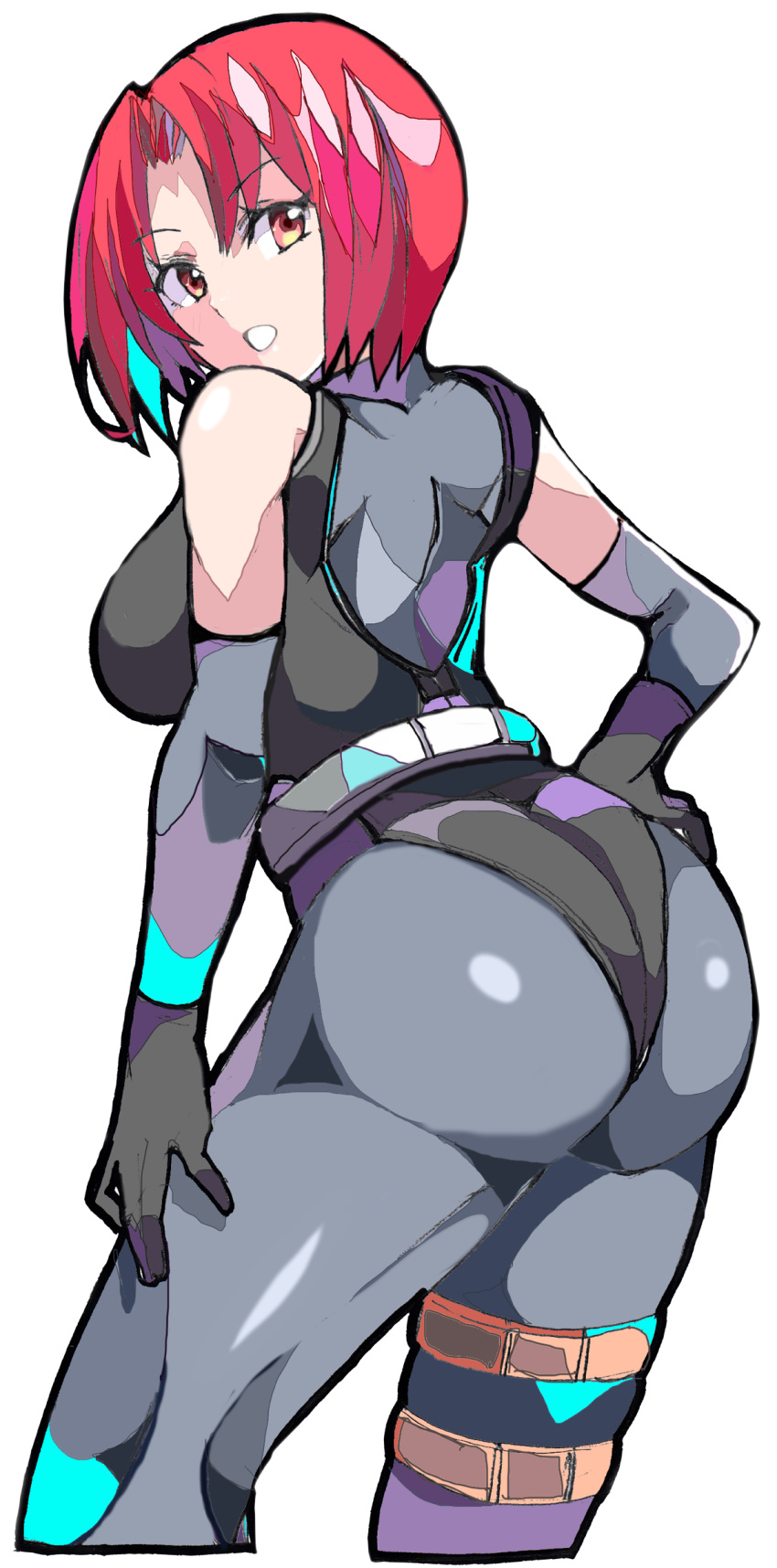 1girl, :o, absurdres, ass, bangs, black_gloves, bodysuit, breasts
