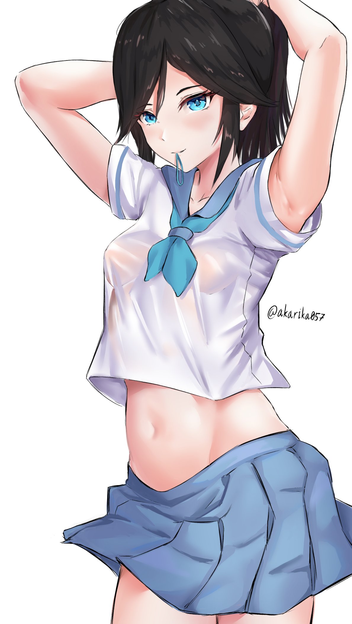 1girl, black_hair, blue_eyes, blue_skirt, breasts, covered_nipples, english_commentary, hair_behind_ear, hair_tie_in_mouth, highres, looking_at_viewer, midriff, mouth_hold, navel, original, rika_(akarika057), sailor_collar, school_uniform, serafuku, skirt, small_breasts, sodafunk, solo, twitter_username, tying_hair, white_background
