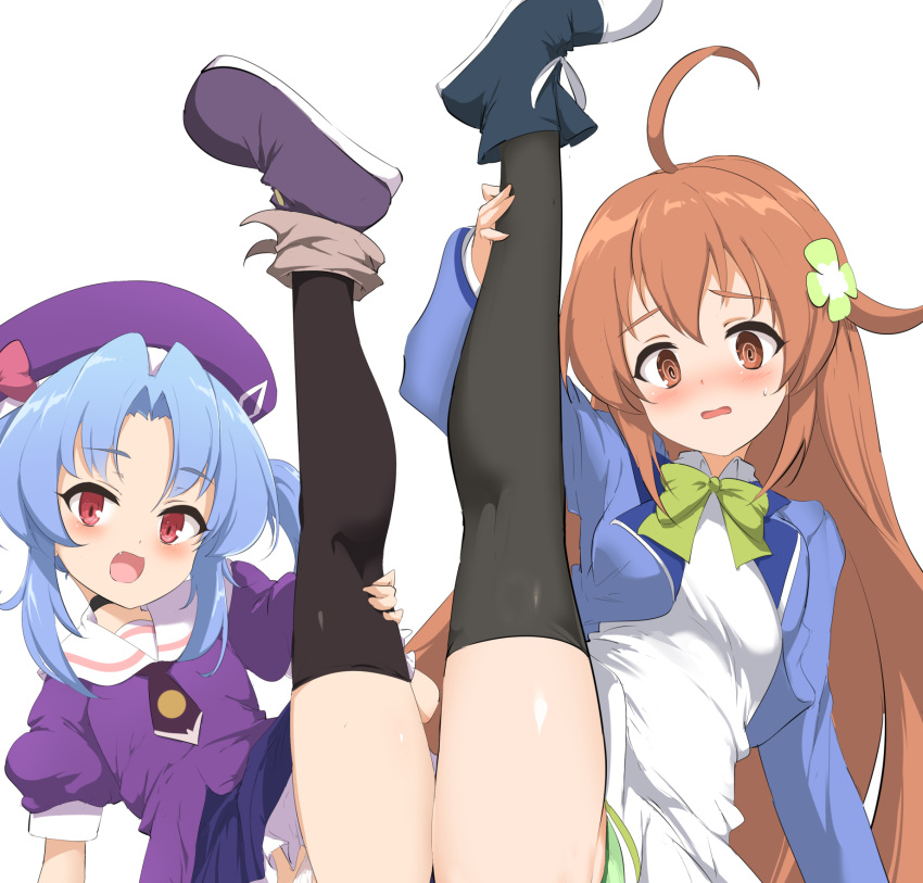 2girls, :d, ahoge, amamiya_mimori, bangs, beret, black_footwear, black_legwear, black_panties, blue_hair, blue_jacket, blue_skirt, blush, boots, brown_eyes, brown_hair, commentary_request, fang, flower, frilled_skirt, frills, green_flower, green_panties, hair_flower, hair_ornament, hat, highres, jacket, kurobane_alice, leg_up, long_hair, momio, multiple_girls, nose_blush, open_clothes, open_jacket, open_mouth, panties, parted_bangs, parted_lips, puffy_short_sleeves, puffy_sleeves, purple_footwear, purple_headwear, purple_shirt, red_eyes, sailor_collar, shadowverse_(anime), shirt, short_sleeves, simple_background, skirt, smile, split, standing, standing_on_one_leg, standing_split, thigh-highs, thighhighs_under_boots, two_side_up, underwear, very_long_hair, white_background, white_sailor_collar, white_shirt